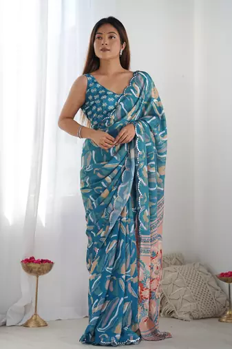 Teal chinon c digital printed saree with mirror cut work