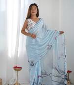 Sky blue chinon c digital printed saree with mirror cut work