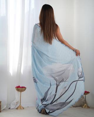 Sky blue chinon c digital printed saree with mirror cut work 2