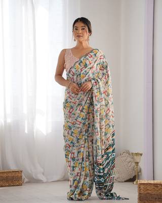 Off white chinon c digital printed saree with mirror cut work 1