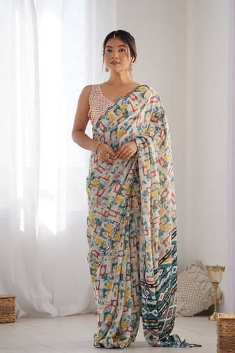 Off white chinon c digital printed saree with mirror cut work
