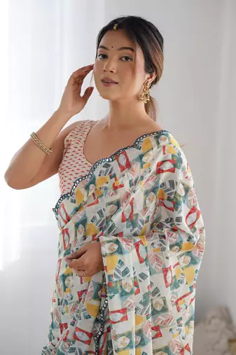 Off white chinon c digital printed saree with mirror cut work