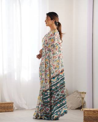 Off white chinon c digital printed saree with mirror cut work 4