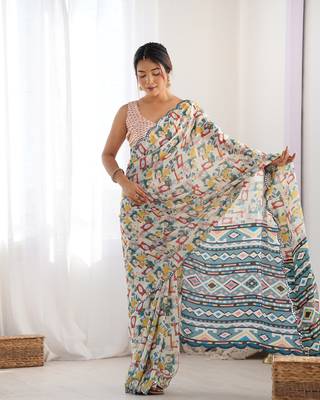 Off white chinon c digital printed saree with mirror cut work 5