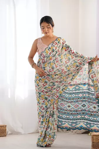 Off white chinon c digital printed saree with mirror cut work