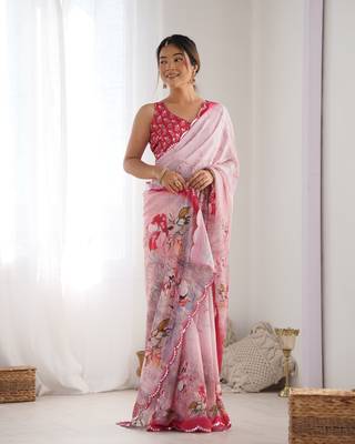 Pink chinon c digital printed saree with mirror cut work 2