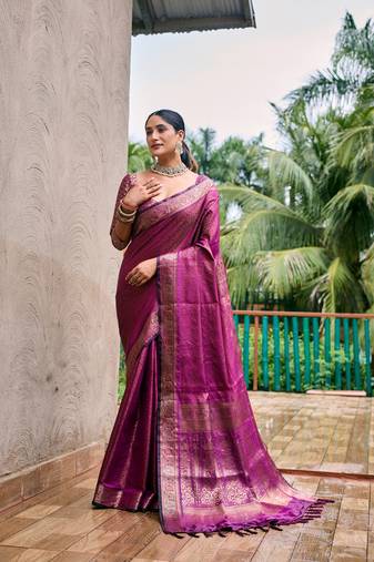 Women's Wine Kanjivaram Handloom Zari Woven Traditional Saree with Blouse
