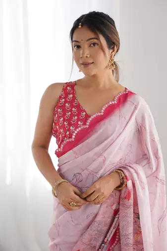 Pink chinon c digital printed saree with mirror cut work