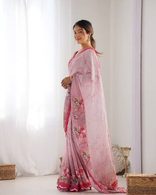 Pink chinon c digital printed saree with mirror cut work 5
