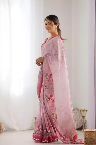 Pink chinon c digital printed saree with mirror cut work