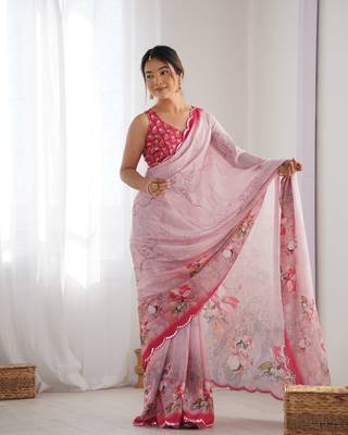 Pink chinon c digital printed saree with mirror cut work 1