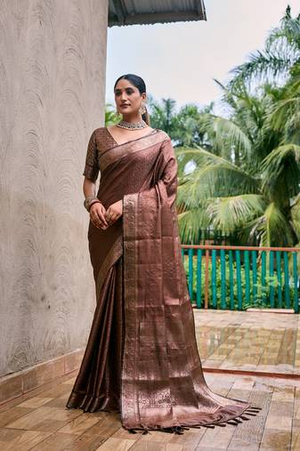 Women's Brown Kanjivaram Handloom Zari Woven Traditional Saree with Blouse