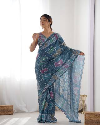 Green chinon c digital printed saree with mirror cut work 1