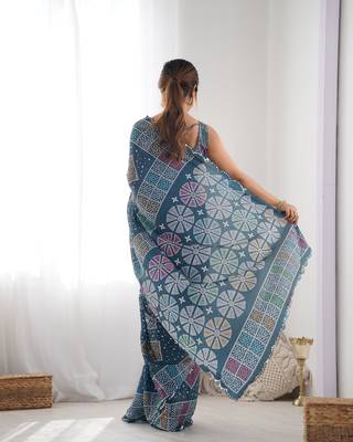 Green chinon c digital printed saree with mirror cut work 2