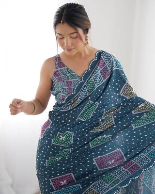 Green chinon c digital printed saree with mirror cut work 3