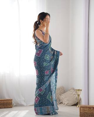 Green chinon c digital printed saree with mirror cut work 4