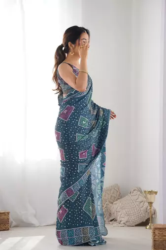 Green chinon c digital printed saree with mirror cut work