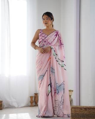 Pink chinon c digital printed saree with mirror cut work 1