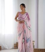 Pink chinon c digital printed saree with mirror cut work