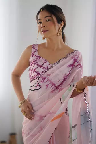 Pink chinon c digital printed saree with mirror cut work