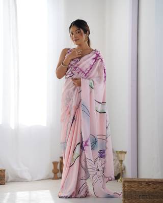 Pink chinon c digital printed saree with mirror cut work 4
