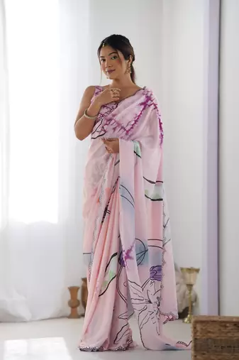 Pink chinon c digital printed saree with mirror cut work