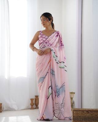 Pink chinon c digital printed saree with mirror cut work 5