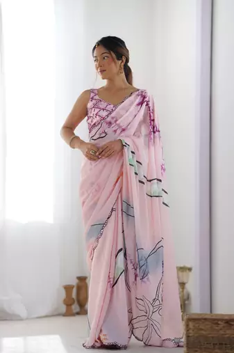 Pink chinon c digital printed saree with mirror cut work