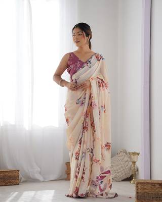 Peach chinon c digital printed saree with mirror cut work 2