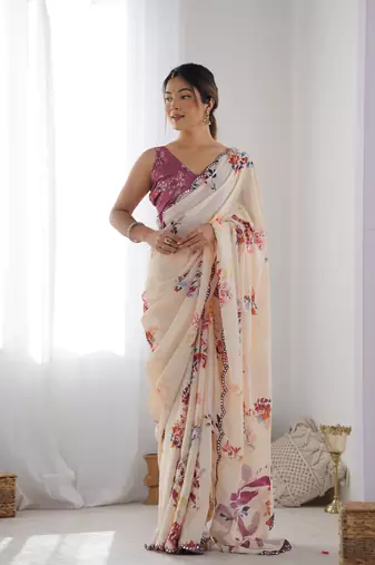 Peach chinon c digital printed saree with mirror cut work