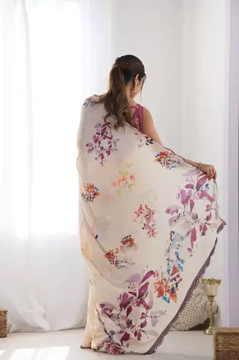 Peach chinon c digital printed saree with mirror cut work