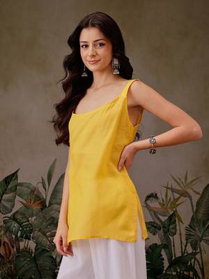 Hand Embroidered Yellow Georgette Lucknowi Chikankari Indian Women Straight Short Kurti With Slip 7