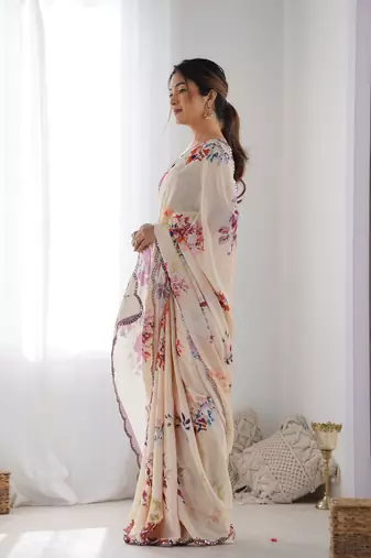 Peach chinon c digital printed saree with mirror cut work