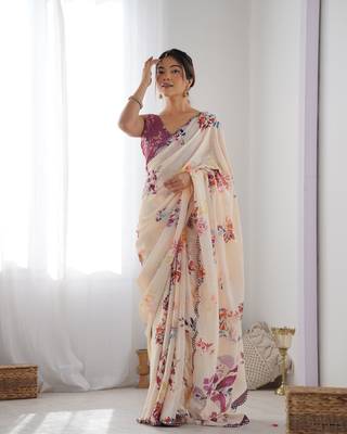 Peach chinon c digital printed saree with mirror cut work 6