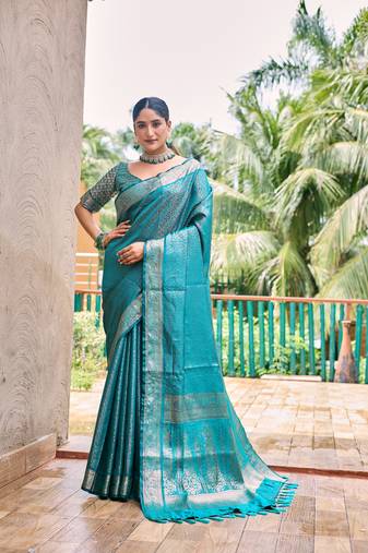 Women's Turquoise Kanjivaram Handloom Zari Woven Traditional Saree with Blouse