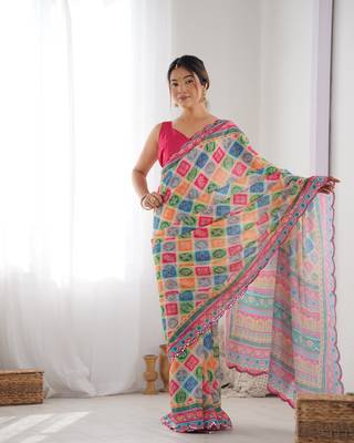 Multy chinon c digital printed saree with mirror cut work 1