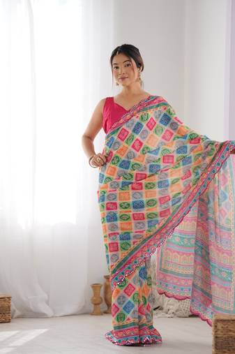 Multy chinon c digital printed saree with mirror cut work