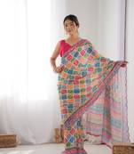 Multy chinon c digital printed saree with mirror cut work