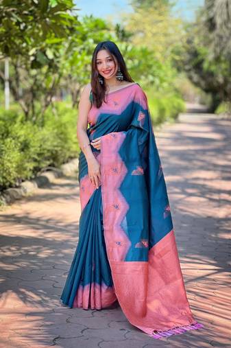 Women's Blue Faux Banarasi Silk Zari Woven Traditional Saree with Blouse