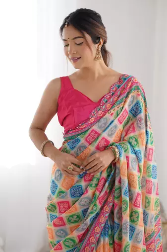Multy chinon c digital printed saree with mirror cut work