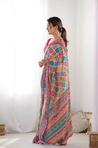 Multy chinon c digital printed saree with mirror cut work
