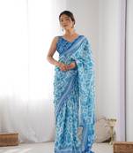 Blue chinon c digital printed saree with mirror cut work