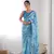 Blue chinon c digital printed saree with mirror cut work