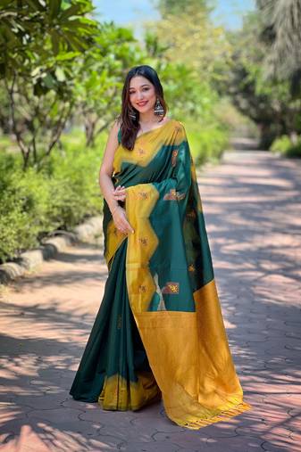 Women's Bottle Green Faux Banarasi Silk Zari Woven Traditional Saree with Blouse