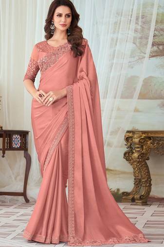 Peach glorious silk embroidery party wear saree with blouse