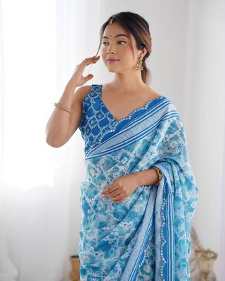 Blue chinon c digital printed saree with mirror cut work 3