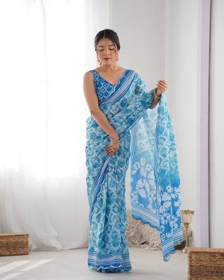 Blue chinon c digital printed saree with mirror cut work 5