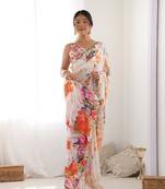 Multy chinon c digital printed saree with mirror cut work