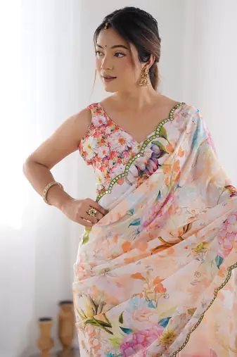 Multy chinon c digital printed saree with mirror cut work