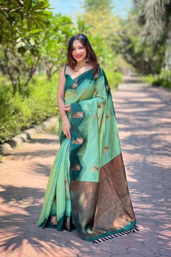 Women's Sea Green Faux Banarasi Silk Zari Woven Traditional Saree with Blouse
